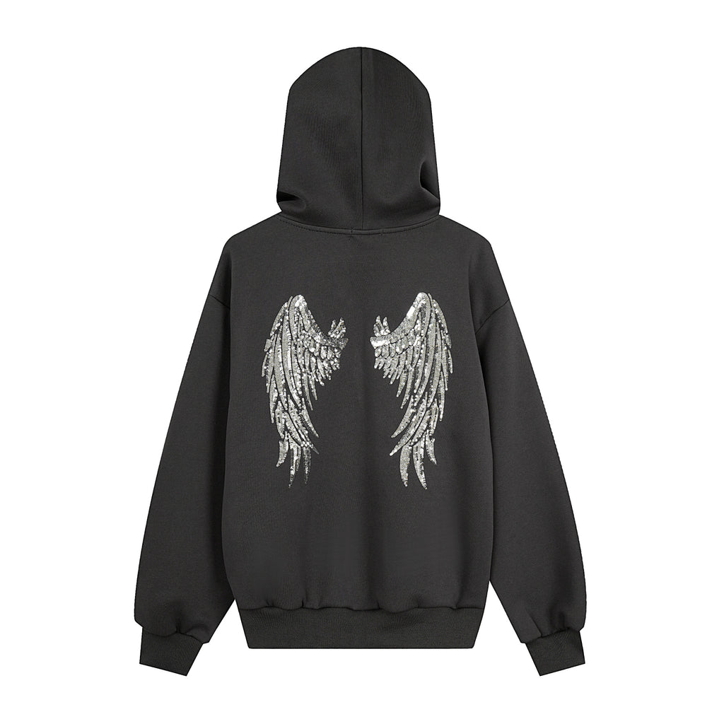 Graffiti Print Oversized Hooded Open Front Sweatshirt Jacket with Back Sequin Wings Unisex Casual