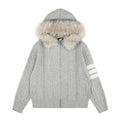 Women's Trendy Cable Knit Diamond Pattern Three Stripes Zipper Hooded Fur Trim Loose Fit Sweater Coat